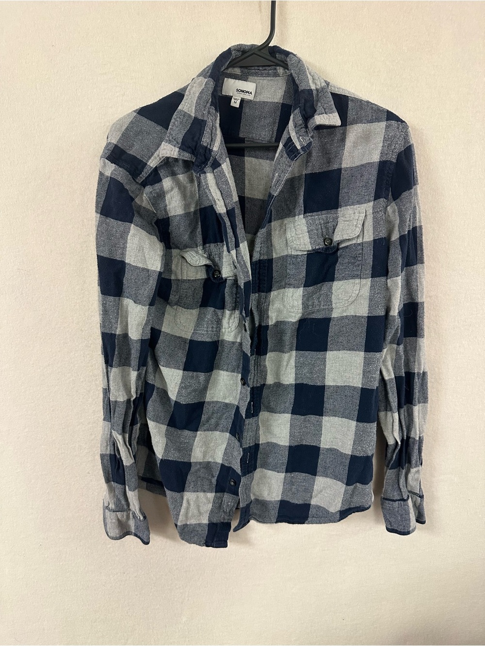 Sonoma Navy & Gray Buffalo Plaid Cotton Flannel Shirt Cabincore Mens Size M
